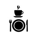 Cafeteria and diner vector signs. Coffee cup with smoke, a fork, a knife and a plate icon symbols. Restaurant and cafe icons