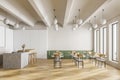 Cafeteria, dining room in university, cafe with tables and chairs, counter bar hotel. Canteen interior in school, college or