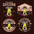 Cafeteria set of vector emblems, logos, badges or labels with ufo stealing coffee paper cup in colored style on dark Royalty Free Stock Photo