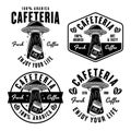 Cafeteria set of vector emblems, logos, badges or labels with ufo stealing coffee paper cup in vintage monochrome style Royalty Free Stock Photo