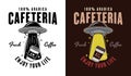 Cafeteria vector emblem, logo, badge or label with ufo stealing coffee paper cup in two styles black on white and