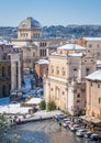 Snow in Rome in February 2018, panoramic sight of roofs covered in snow from the Caffarelli Terrace on the Capitoline Hill. Royalty Free Stock Photo