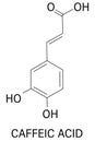 Caffeic acid molecule skeletal formula. Intermediate in the biosynthesis of lignin. Royalty Free Stock Photo