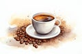 Caffeine beans drink beverage espresso coffee cup brown breakfast black cafe background aroma Royalty Free Stock Photo