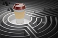 Caffeine dependence concept. Disposable cup of coffee inside labyrinth maze, 3D rendering