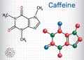 Caffeine molecule. Structural chemical formula and molecule mode