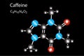 Caffeine molecule structure. Chemical compound. Skeletal formula. Black background. Vector illustration. Stock image. Royalty Free Stock Photo