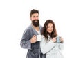 Caffeine power concept. Couple enjoy lazy weekend and drink coffee. Wife and husband bathrobes hold tea mug coffee cup
