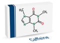 Caffeine, purine alkaloid, psychoactive drug molecule. Paper packaging for drugs