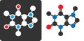 Caffeine stimulant molecule, flat icon style. Stylized rendering. Atoms shown as color-coded circles (oxygen - red, nitrogen -