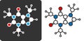 Caffeine stimulant molecule, flat icon style. Stylized rendering. Atoms shown as color-coded circles (oxygen - red, nitrogen -