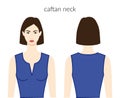 Caftan neckline clothes character beautiful lady in blue top, shirt, dress technical fashion illustration fitted body