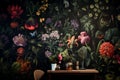 caf table with dark botanical wall paper print background
