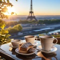 CafÃÂ© au Matin: The Eiffel Tower as a Backdrop to Morning Coffee Royalty Free Stock Photo