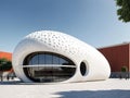 A cafÃÂ© building designed inspired from a coffee bean. The bean is separated from middle into two parts. high tech futuristic--