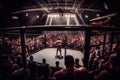 cage fight arena with crowd of people cheering in the background