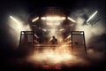 cage fight arena, with dramatic lighting and smoke effects, for an intense and captivating atmosphere