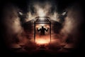 cage fight arena, with dramatic lighting and smoke effects, for an intense and captivating atmosphere