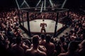 cage fight arena with packed crowd, cheering on their favorite fighter