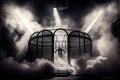 cage fight arena with smoke machines and spotlights, creating an intense and dramatic atmosphere