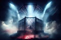 cage fight arena with smoke machines and spotlights, creating an intense and dramatic atmosphere