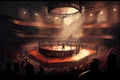 cage fight arena with view of the audience, cheering and raucous for the combatants