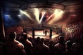 cage fight arena with view of the audience, cheering and raucous for the combatants