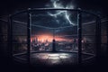 cage fight arena with a view of city skyline and night sky