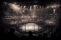 cage fight arena with view of the city skyline, surrounded by crowds of fans