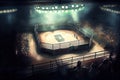 cage fight arena, with view of the full stadium, showing off the excitement and energy of cage fights