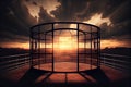 cage fight arena with view of the sunset, for dramatic and inspiring setting Royalty Free Stock Photo
