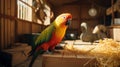 Colorful Parrot Sitting On A Straw-covered Box