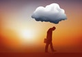 Concept of depression, with a man walking under a cloud.