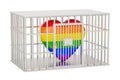 Cage, prison cell with gay heart rainbow, 3D rendering