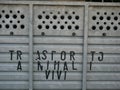 A cage with `trasporto animali vivi` writer on it