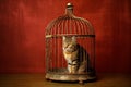 Caged cat red room. Generate Ai