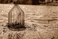 Caged pond overflow spillway cover with buildup Royalty Free Stock Photo