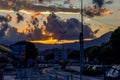 Cagnes-Sur-Mer, France 03.08.2020 Golden and dark clouds in the evening city. Heavenly dreamy fluffy colorful fantasy