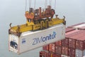 View on the ZIM owned container, loaded on the cargo ship.