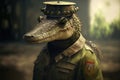 Caiman dressed as a soldier, created with Generative AI technology