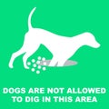 Sign with silhouette of a dog digging holes and the text dogs are not allowed to dig in this area