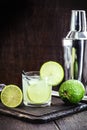 Caipirinha cocktail in glass on wooden table background. Copyspace, bar menu image, international caipirinha day, 13th September Royalty Free Stock Photo