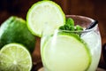 Caipirinha cocktail in glass on wooden table background. Copyspace, bar menu image, international caipirinha day, 13th September Royalty Free Stock Photo