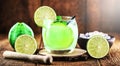 Caipirinha cocktail in glass on wooden table background. Copyspace, bar menu image, international caipirinha day, 13th September Royalty Free Stock Photo