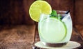 Caipirinha cocktail in glass on wooden table background. Copyspace, international caipirinha day, 13th September