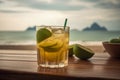 Caipirinha cocktail on a wooden table with a mesmerizing sea, beach background, evoking relaxing, tropical paradise vibe