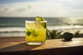 Caipirinha cocktail on a wooden table with a mesmerizing sea, beach background, evoking relaxing, tropical paradise vibe