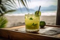 Caipirinha cocktail on a wooden table with a mesmerizing sea, beach background, evoking relaxing, tropical paradise vibe