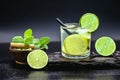 Caipirinha, a typical Brazilian cocktail made with lemon, cachaÃÂ§a, sugar and ice, Ingredients on the side. Sugar, Cinnamon, Royalty Free Stock Photo