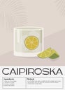 Caipiroska Cocktail garnished with slice of lemon. Summer aperitif trendy poster. Minimalist print with alcoholic